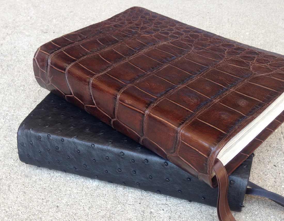 Brown gator leather bible & black ostrich leather bible - Repair & recover your Bible in exotic leather